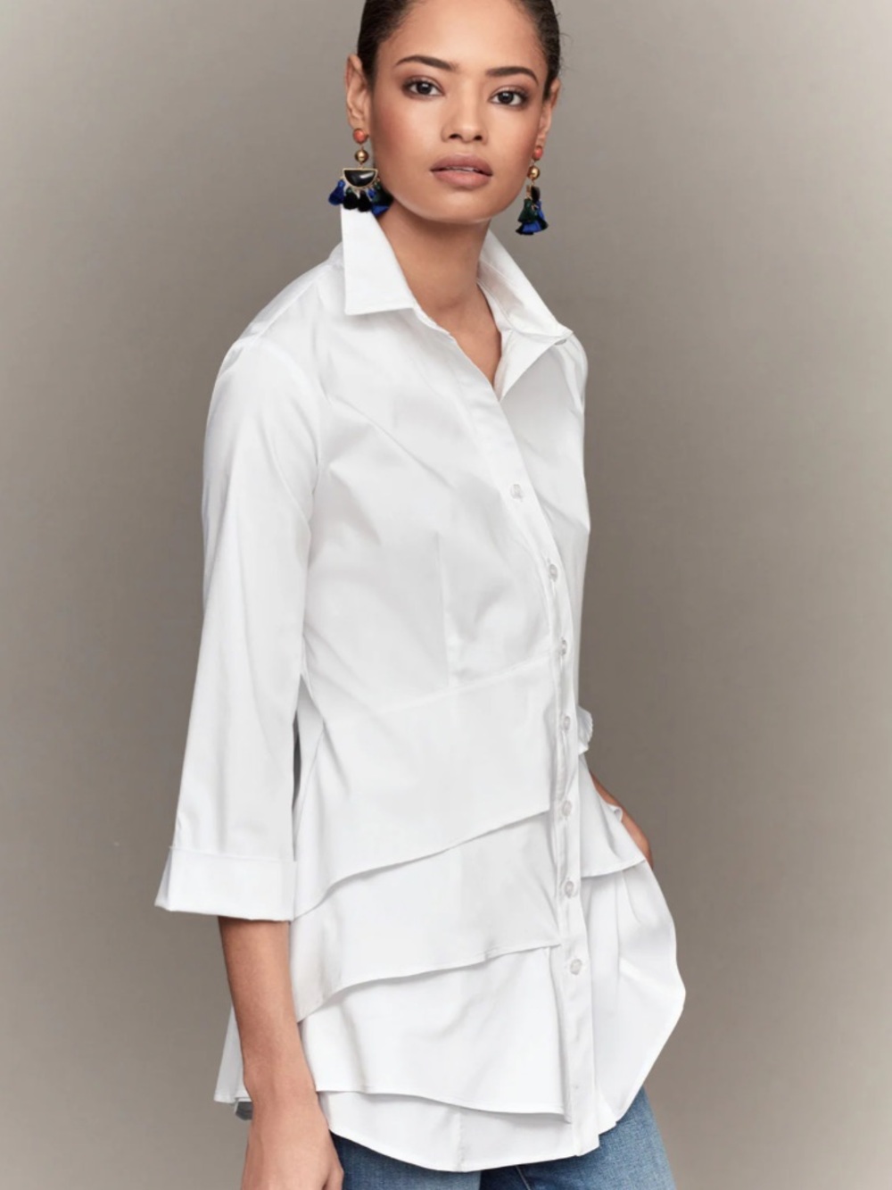 Finley Jenna button-down poplin blouse featuring tiered ruffles and 3/4 sleeves